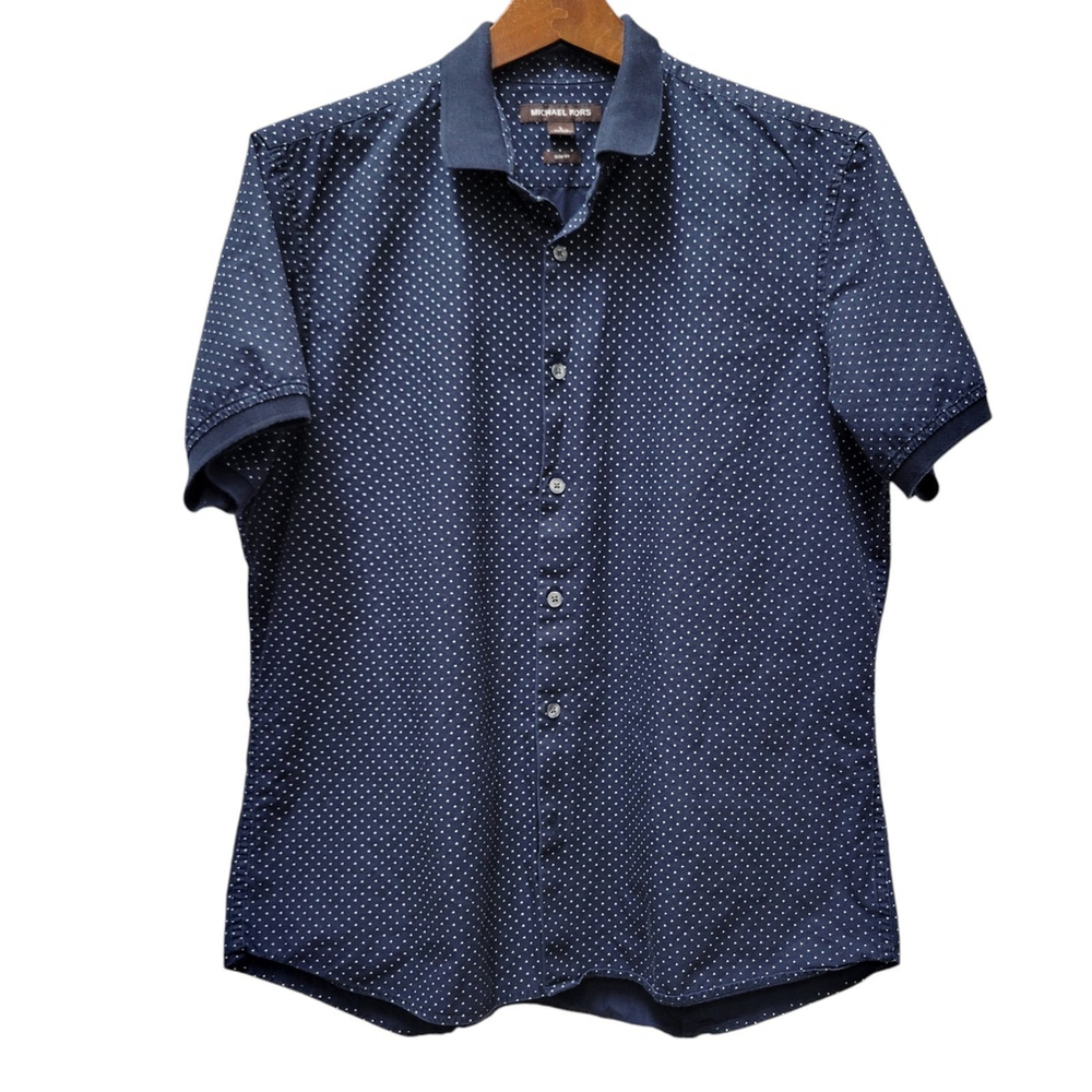 Michael Kors Slim-Fit Navy Polka-dot Button-Up Cotton Shirt Size Large Men's